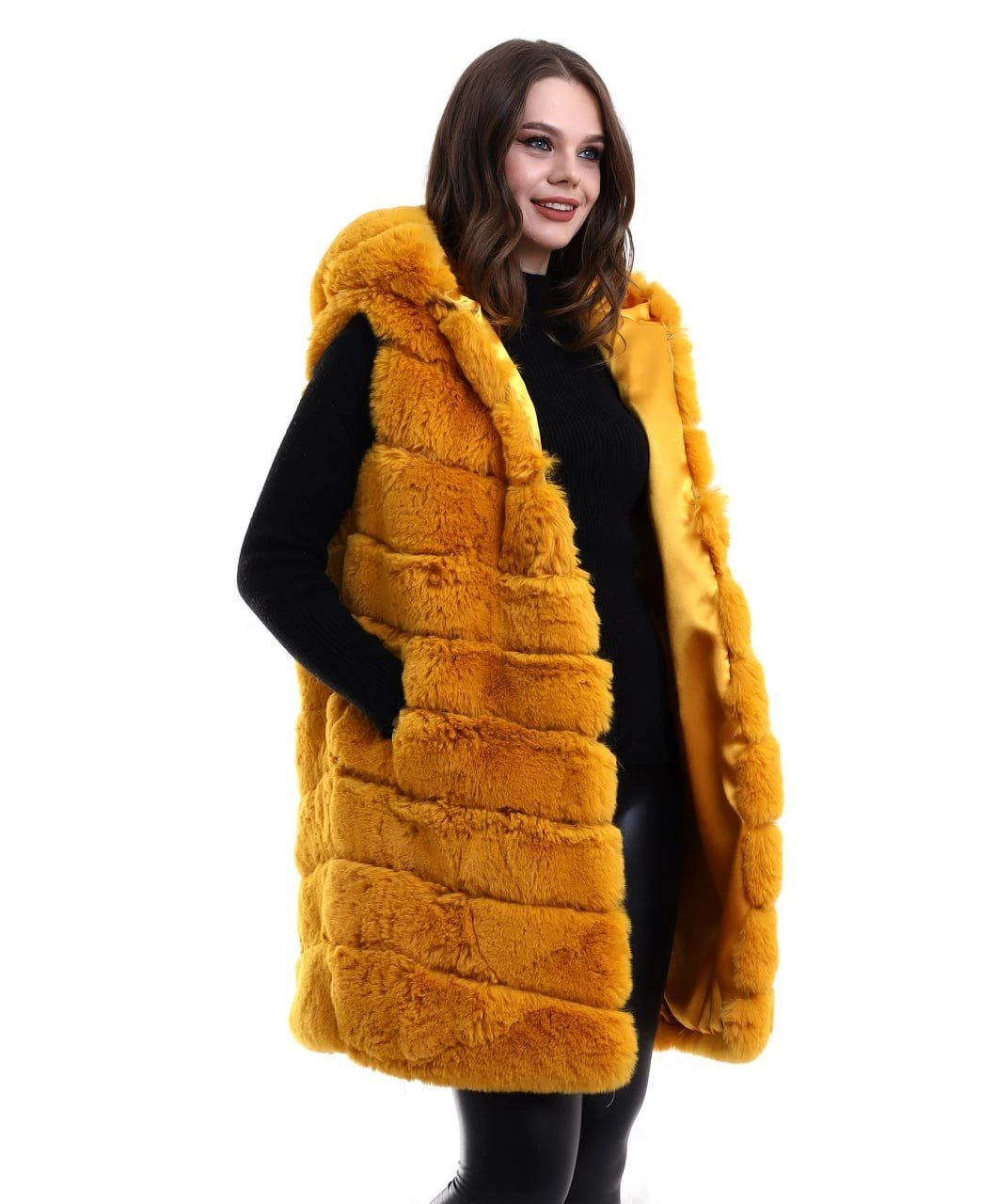Kadın Kapşonlu Peluş Kürk Yelek Premium Kalite, Tam Astarlı, Uzun Model - Sarı