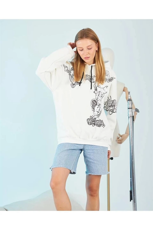 Kadın 3 iplik pamuklu Kapüşonlu Strong Heykel Baskılı Sweatshirt - Beyaz