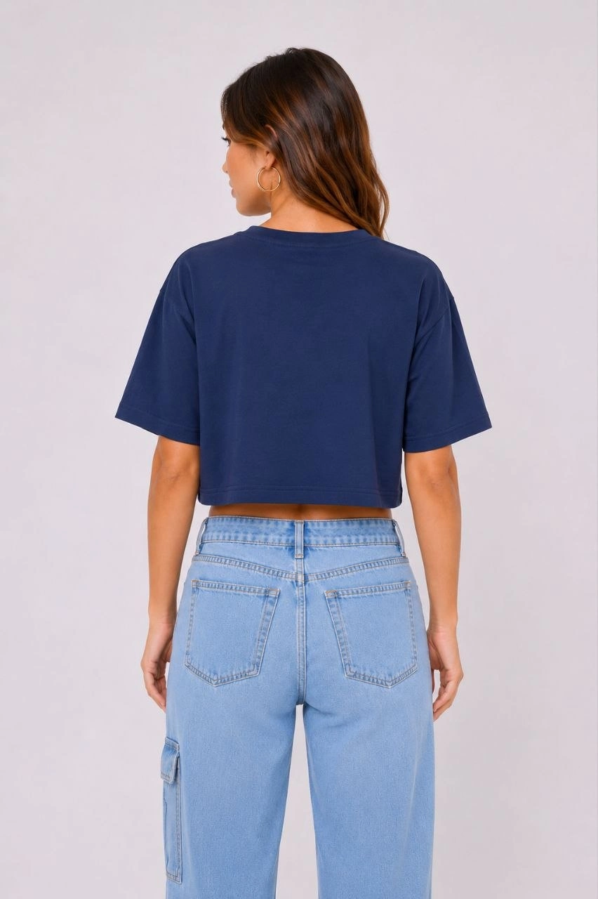Kadın Kedi Baskılı Oversize Crop Tişört Salaş Basic Yarım Kol T-shirt - Lacivert