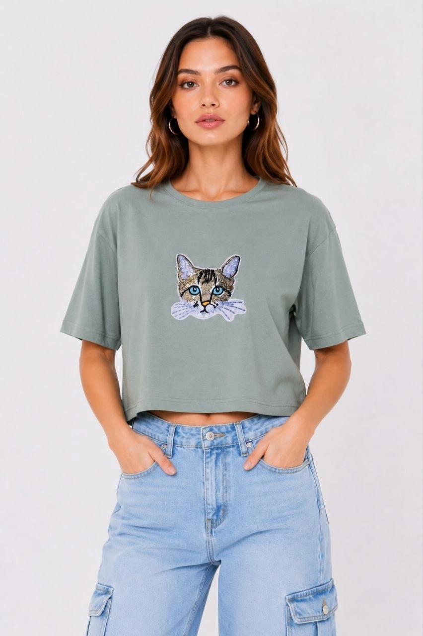 Kadın Kedi Baskılı Oversize Crop Tişört Salaş Basic Yarım Kol T-shirt - Mint Yeşili