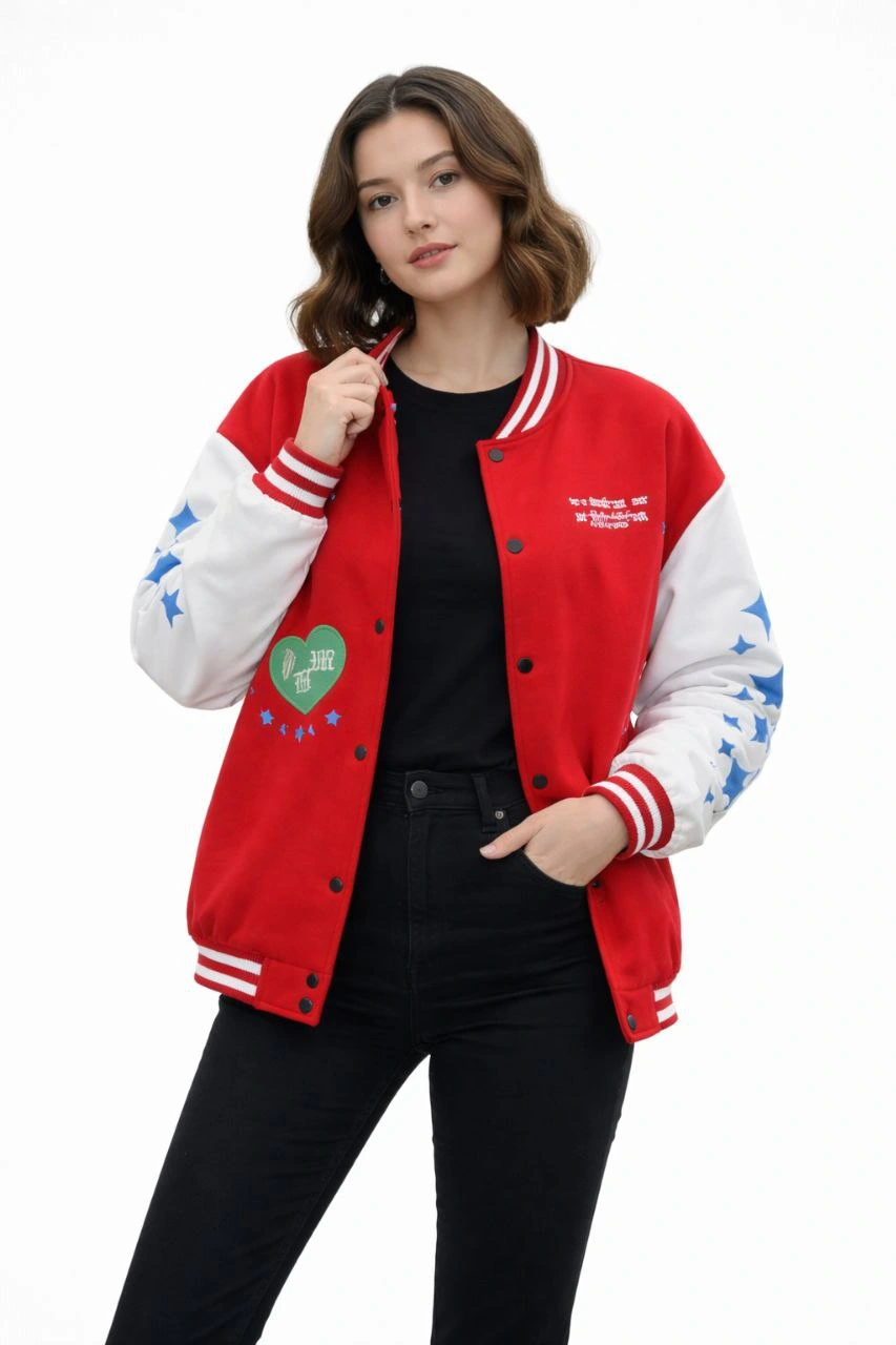 Kadın Kırmızı Varsity Çıtçıtlı Baskılı Oversize kalıp Kolej Ceket - Kırmızı