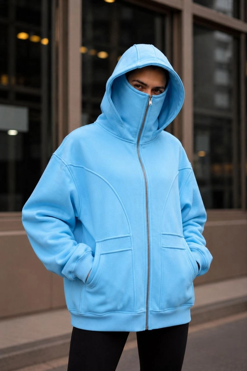 Kadın Maskeli Ninja Model Çift Kapüşonlu 3 İplik Şardonlu Fermuarlı Oversize Sweatshirt - Bebek Mavisi