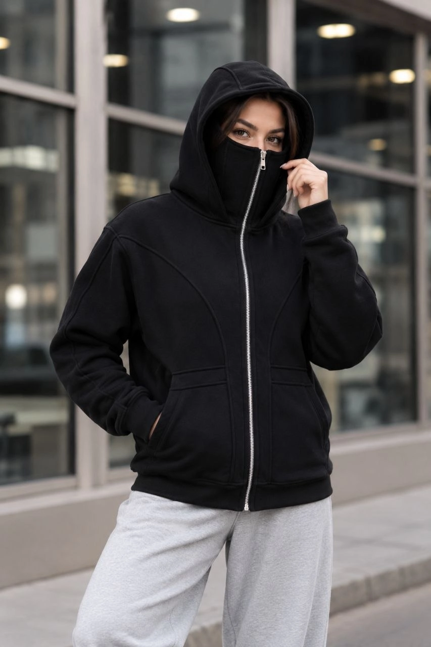Kadın Maskeli Ninja Model Çift Kapüşonlu 3 İplik Şardonlu Fermuarlı Oversize Sweatshirt - Siyah