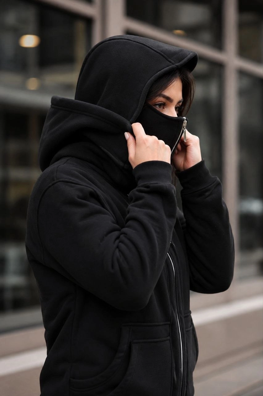 Kadın Maskeli Ninja Model Çift Kapüşonlu 3 İplik Şardonlu Fermuarlı Oversize Sweatshirt - Siyah