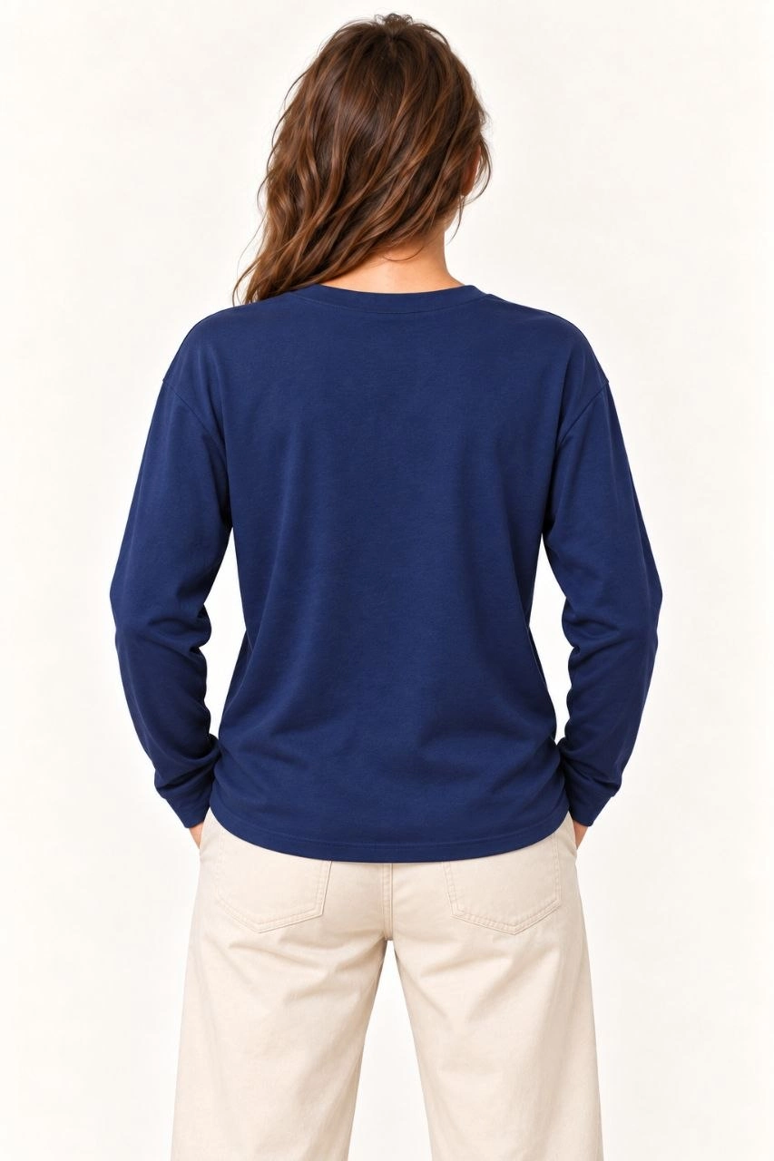 Kadın Modal Yumuşak Dokulu Bisiklet Yaka Uzun Kollu Tişört Sweatshirt - Lacivert