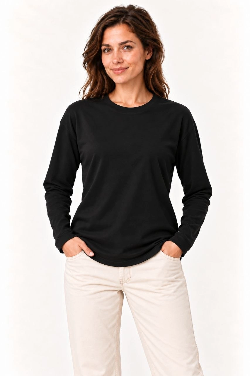 Kadın Modal Yumuşak Dokulu Bisiklet Yaka Uzun Kollu Tişört Sweatshirt - Siyah