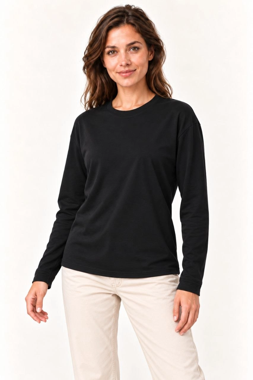 Kadın Modal Yumuşak Dokulu Bisiklet Yaka Uzun Kollu Tişört Sweatshirt - Siyah