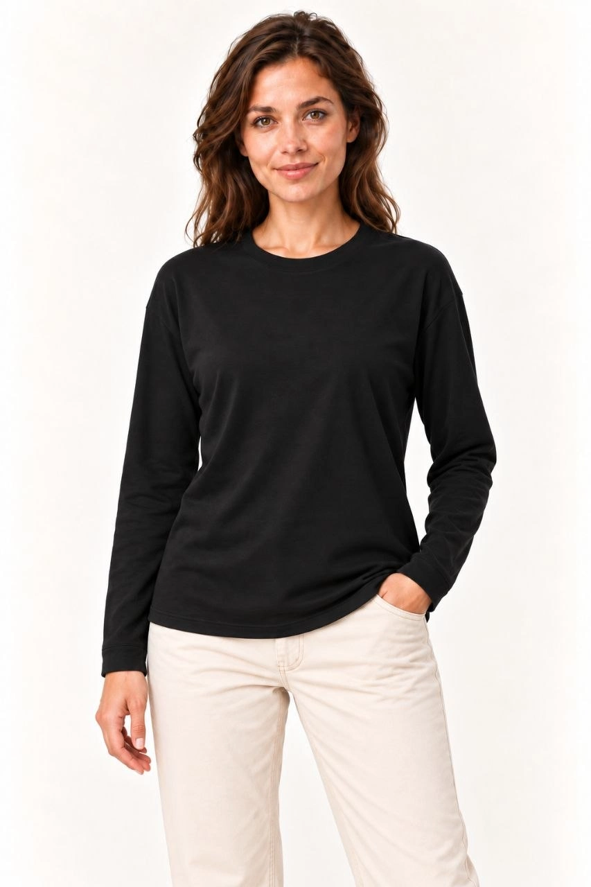 Kadın Modal Yumuşak Dokulu Bisiklet Yaka Uzun Kollu Tişört Sweatshirt - Siyah