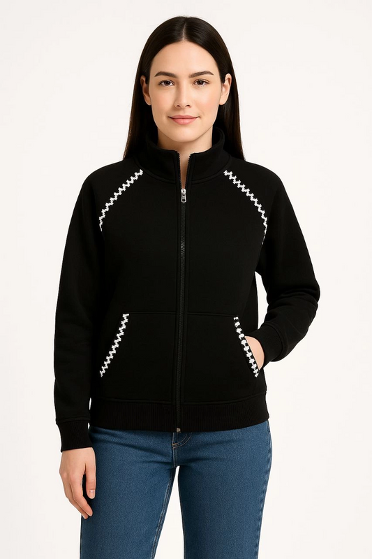 Kadın Oversize Dik Yaka Fermuarlı Sweatshirt - Zincir Nakışli Kanguru Cepli, - Siyah