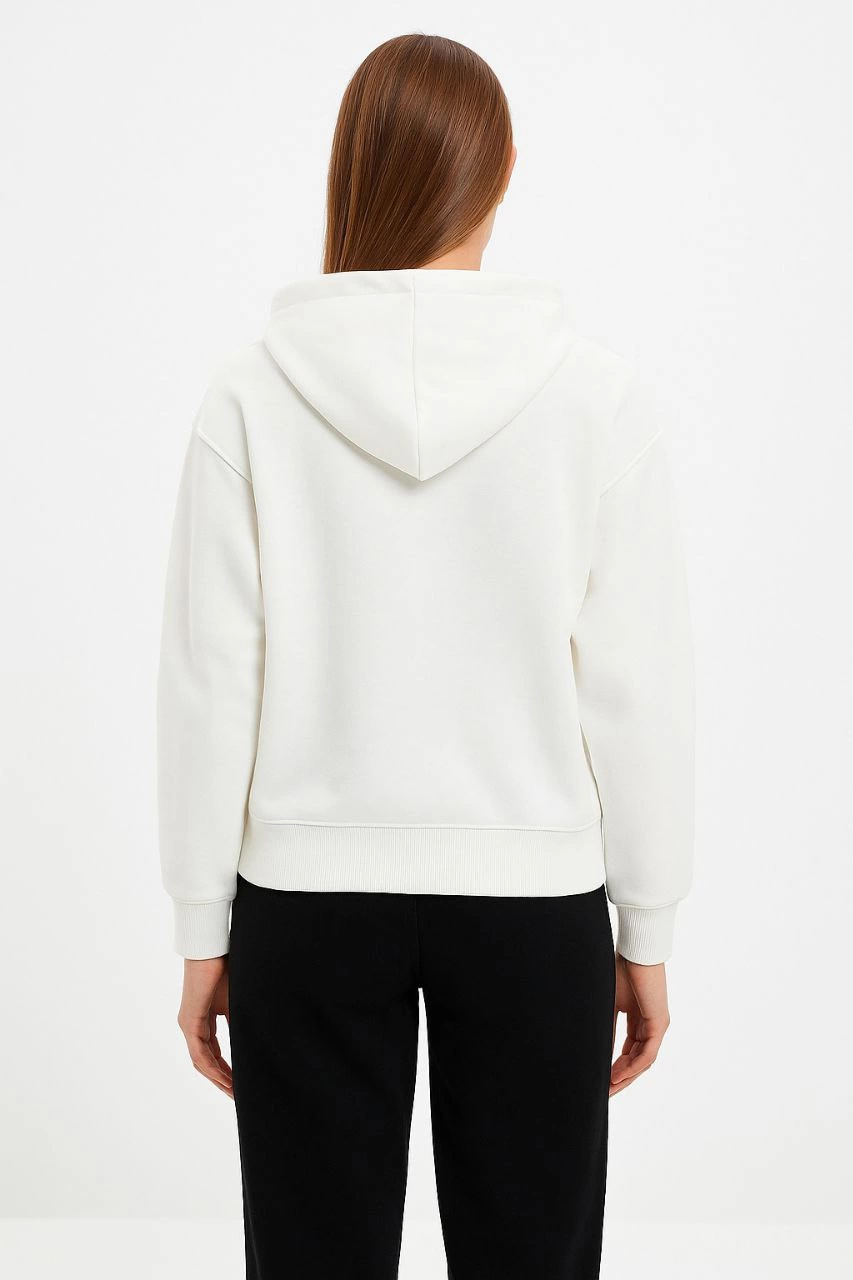 Kadın Kapüşonlu 3 İplik Şardonlu Önü Baskılı Fermuarlı Oversize Sweatshirt - Beyaz
