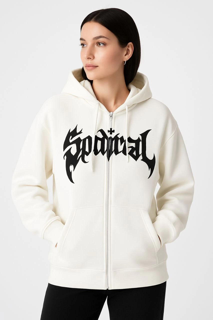 Kadın Kapüşonlu 3 İplik Şardonlu Önü Baskılı Fermuarlı Oversize Sweatshirt - Beyaz