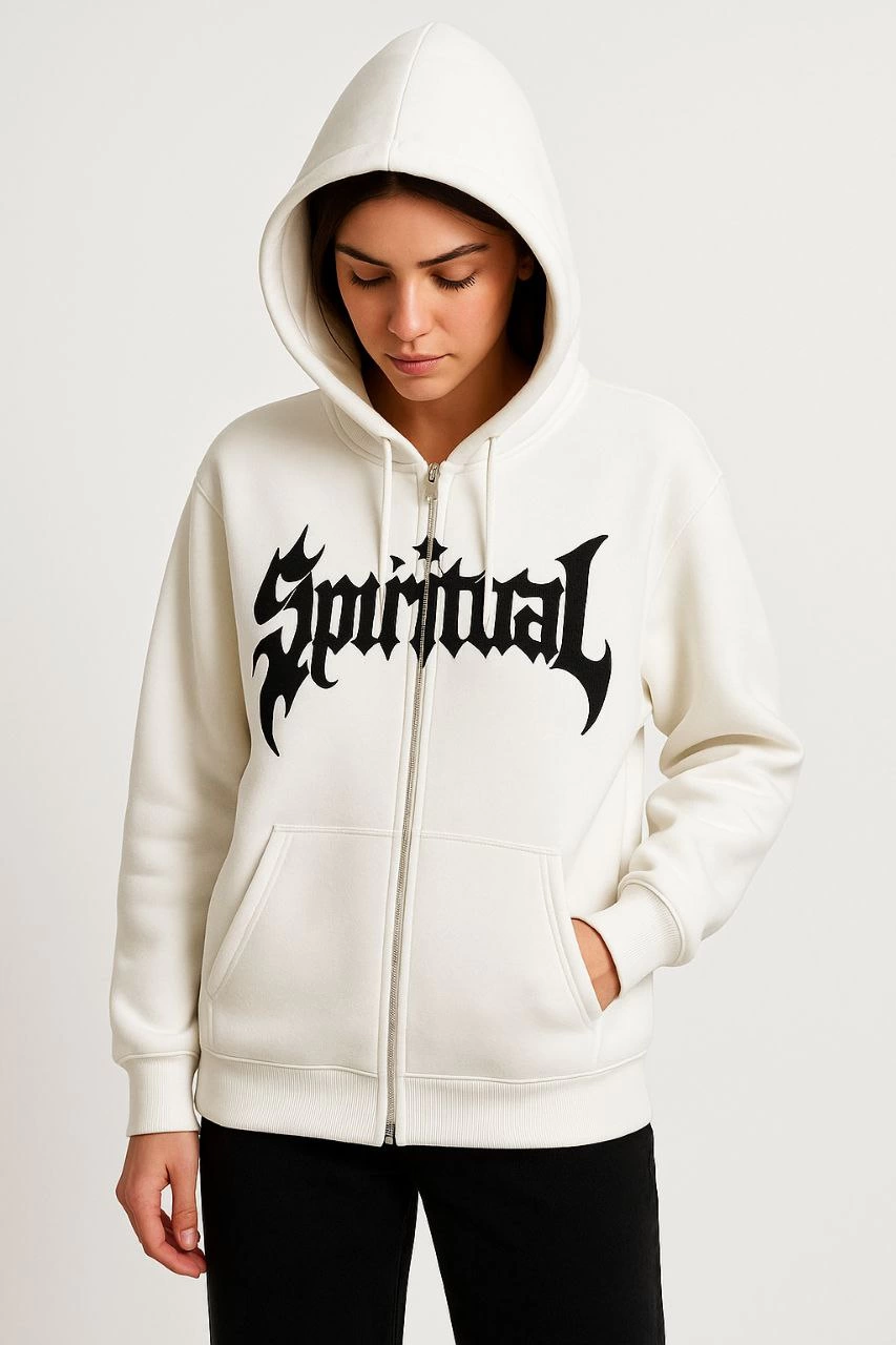 Kadın Kapüşonlu 3 İplik Şardonlu Önü Baskılı Fermuarlı Oversize Sweatshirt - Beyaz