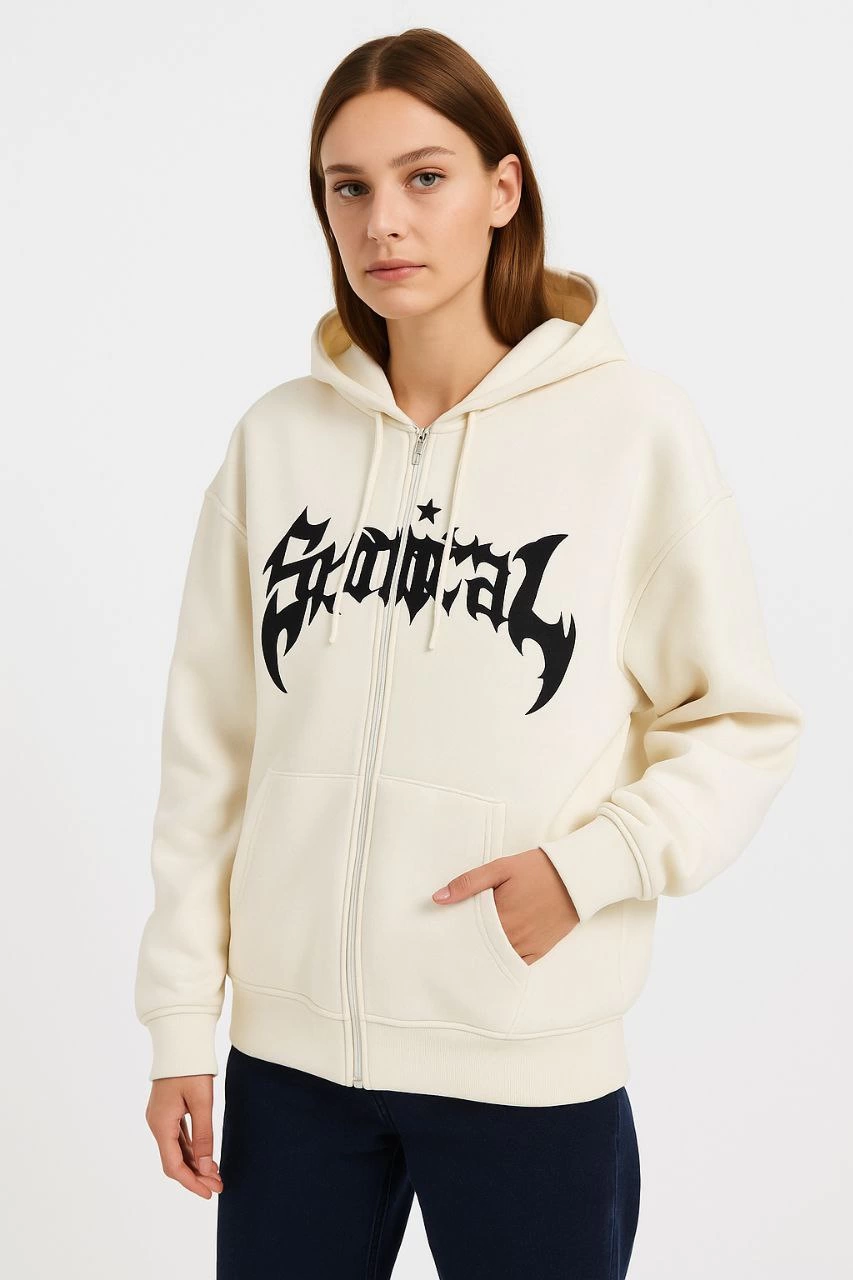 Kadın Kapüşonlu 3 İplik Şardonlu Önü Baskılı Fermuarlı Oversize Sweatshirt - Beyaz