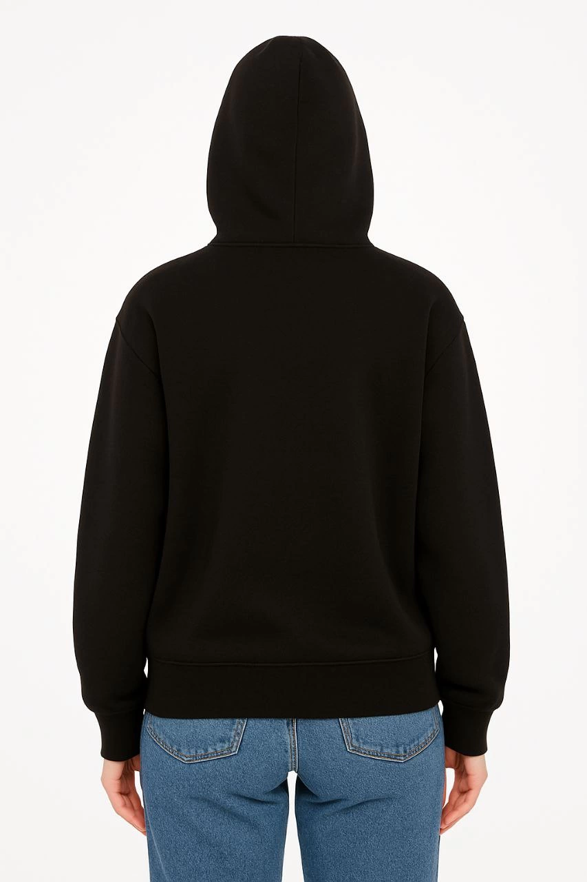 Kadın Kapüşonlu 3 İplik Şardonlu Önü Baskılı Fermuarlı Oversize Sweatshirt - Siyah