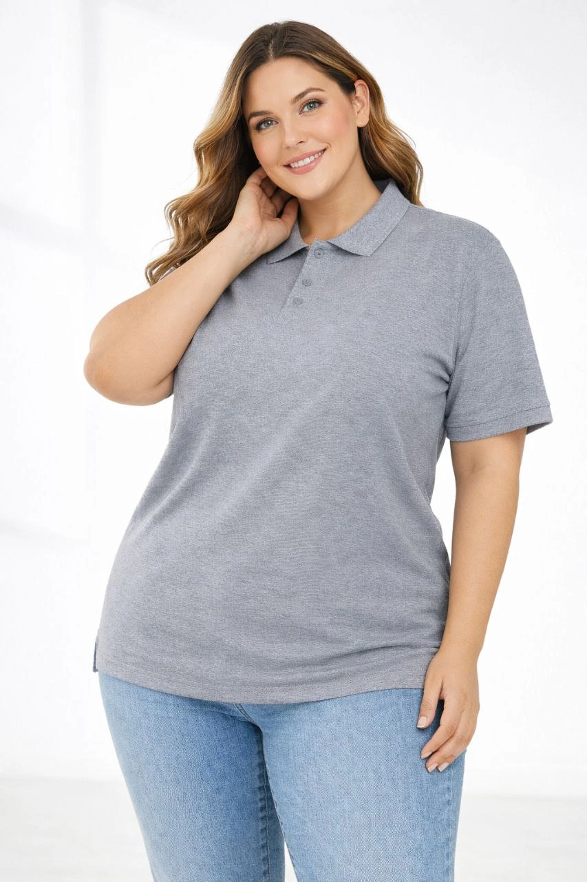 Kadın Pike Kumaş Düğmeli Yaka Battal Büyük Beden Günlük Kısa kol Tişört T-shirt - Gri