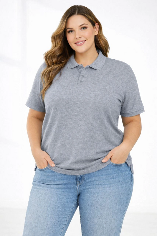Kadın Pike Kumaş Düğmeli Yaka Battal Büyük Beden Günlük Kısa kol Tişört T-shirt - Gri