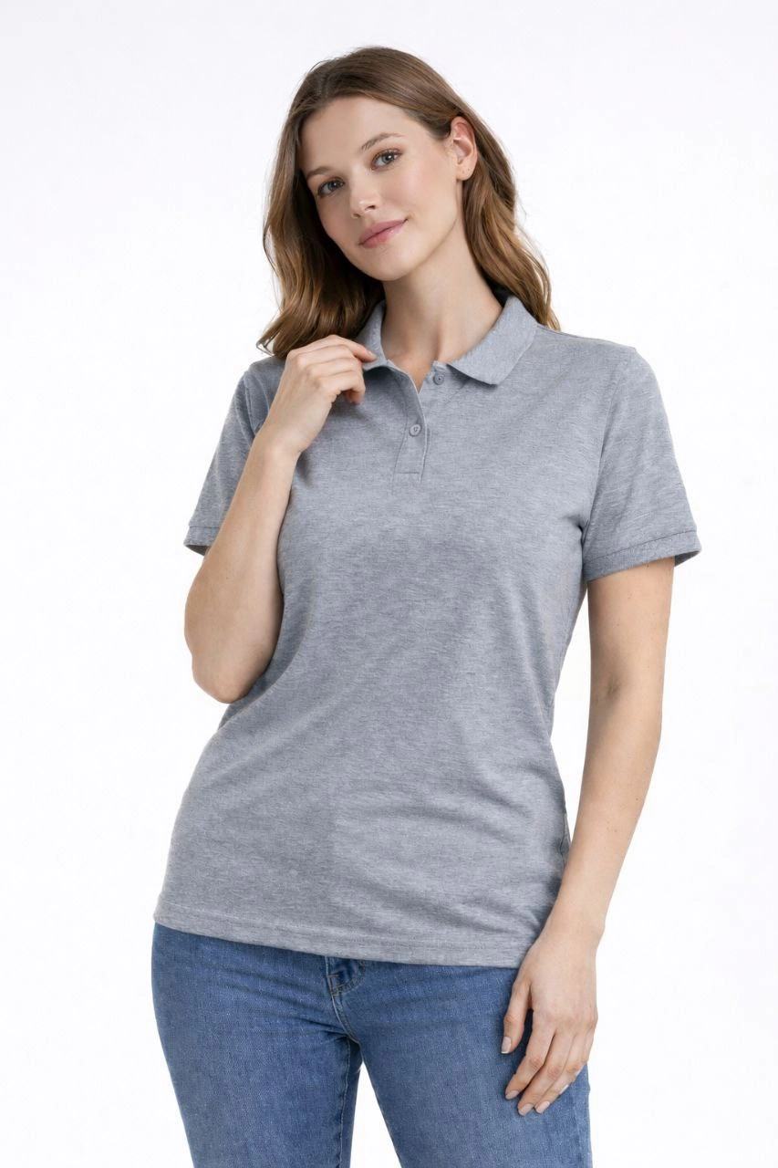 Kadın Pike Kumaş Düğmeli Yaka Regular Rahat Günlük Kısa kol Tişört T-shirt - Gri