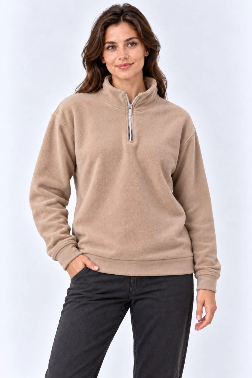 Kadın Polar Dik Yaka Yarım Fermuarlı Uzun Kollu Regular Fit Kışlık Sweatshirt - Bej