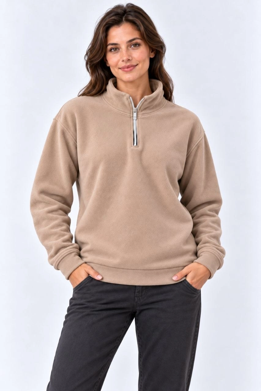 Kadın Polar Dik Yaka Yarım Fermuarlı Uzun Kollu Regular Fit Kışlık Sweatshirt - Bej