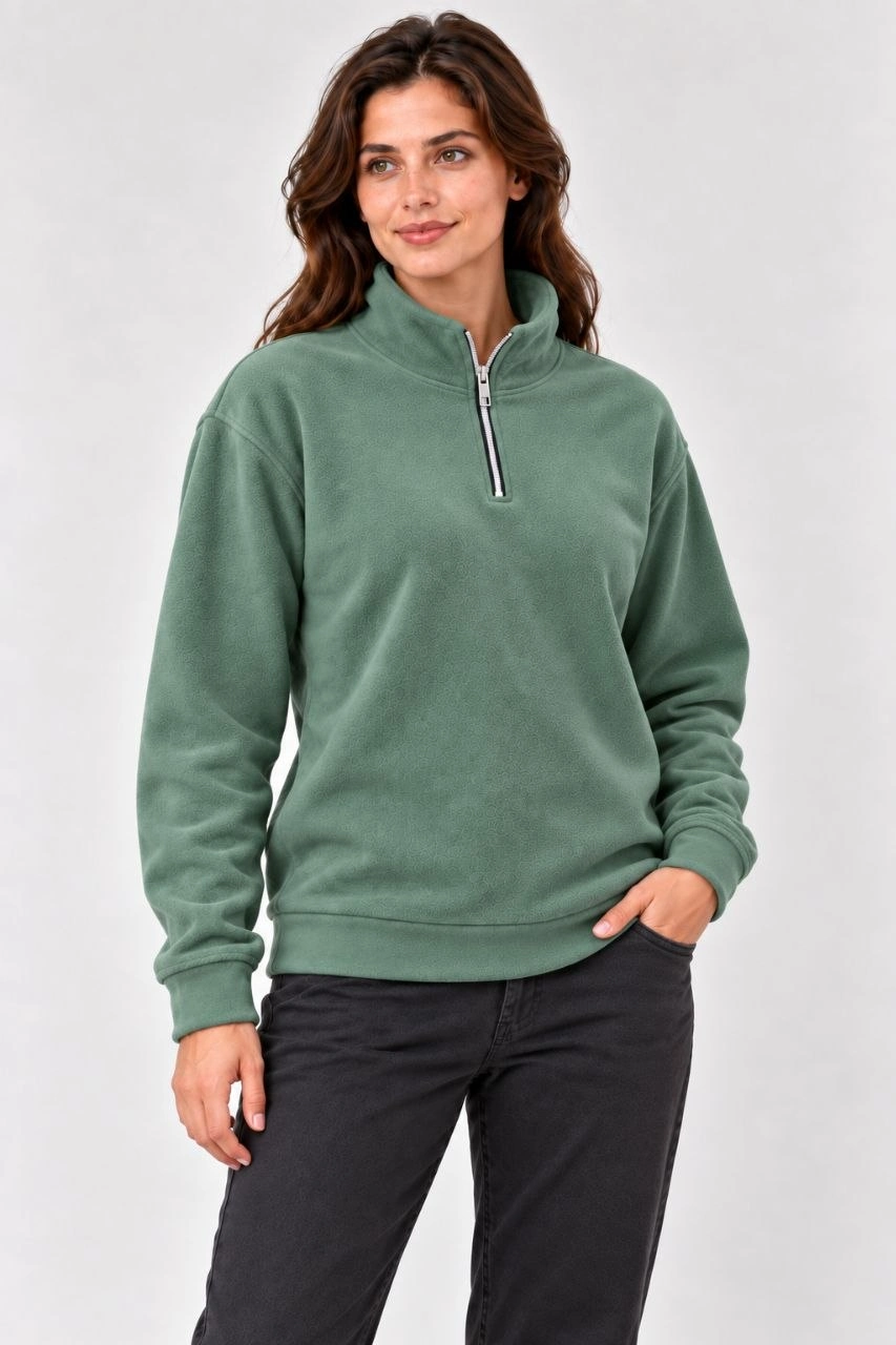 Kadın Polar Dik Yaka Yarım Fermuarlı Uzun Kollu Regular Fit Kışlık Sweatshirt - Mint Yeşili