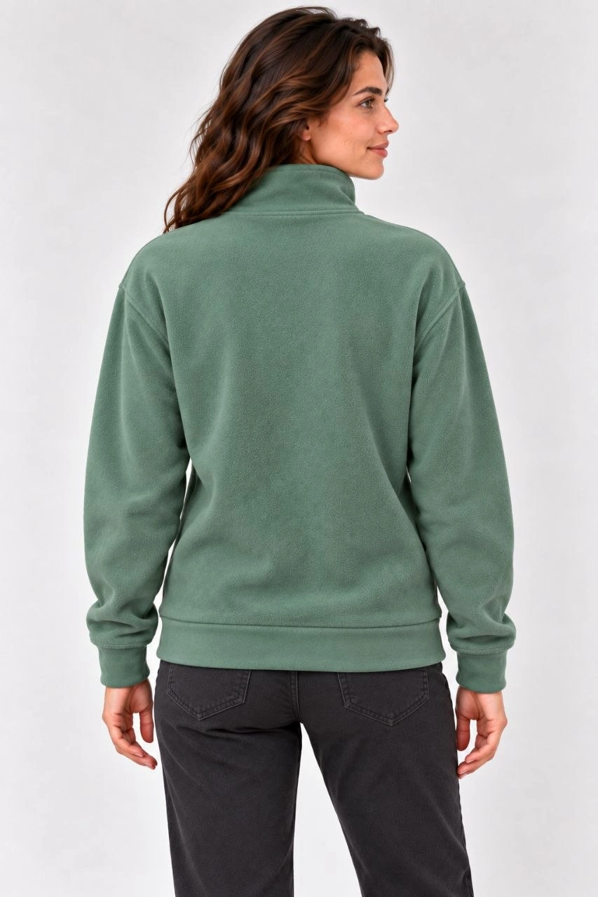 Kadın Polar Dik Yaka Yarım Fermuarlı Uzun Kollu Regular Fit Kışlık Sweatshirt - Mint Yeşili