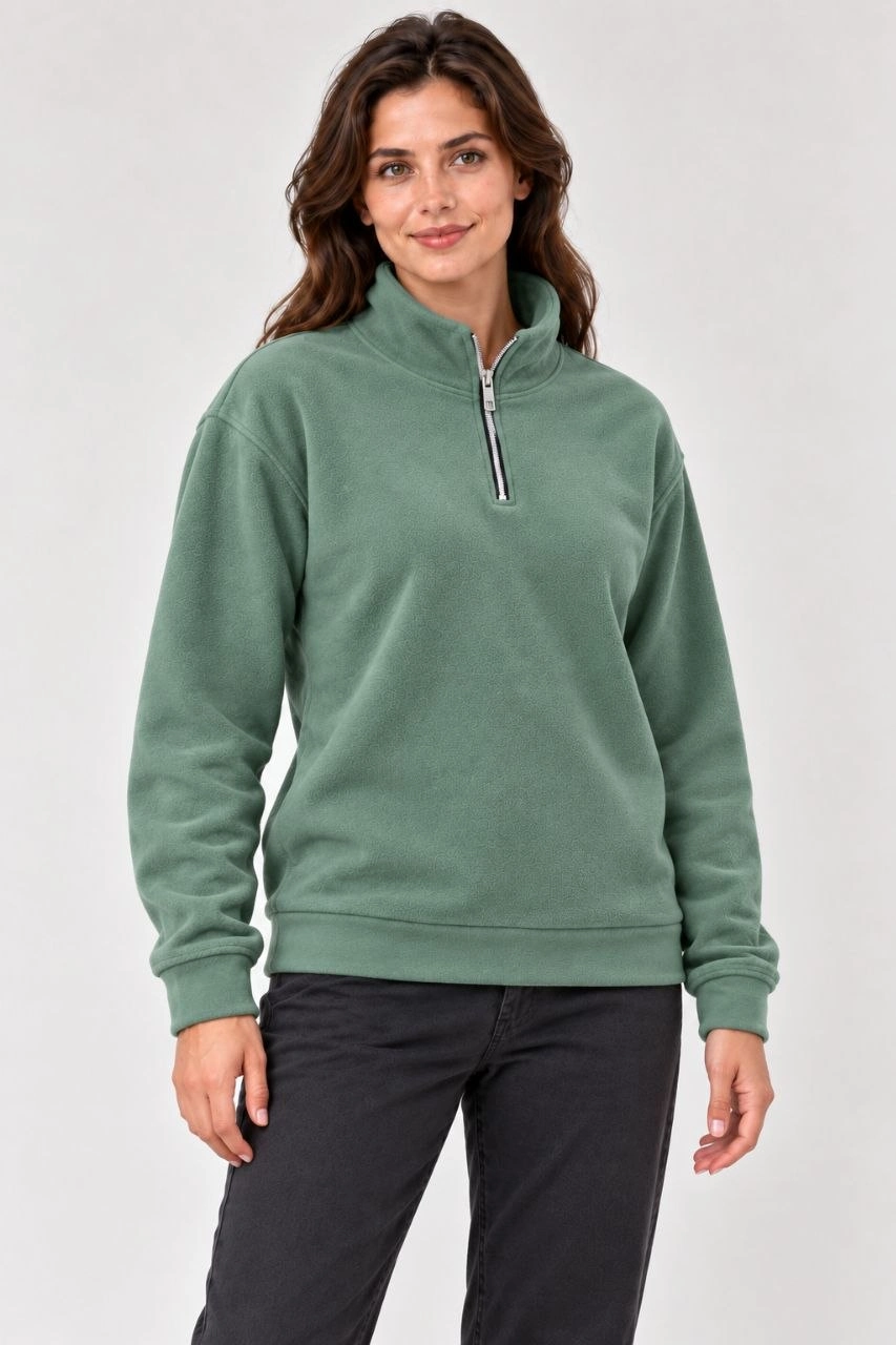 Kadın Polar Dik Yaka Yarım Fermuarlı Uzun Kollu Regular Fit Kışlık Sweatshirt - Mint Yeşili