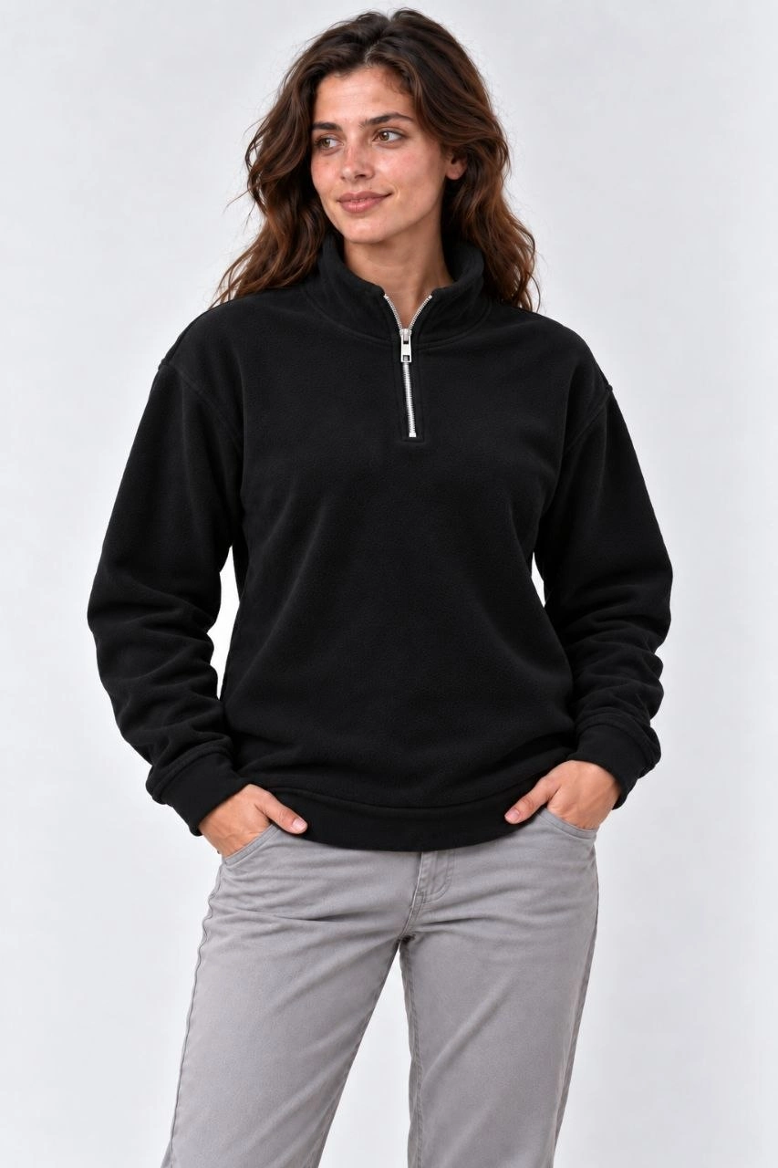 Kadın Polar Dik Yaka Yarım Fermuarlı Uzun Kollu Regular Fit Kışlık Sweatshirt - Siyah