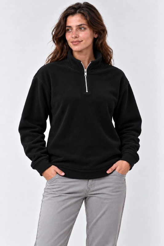Kadın Polar Dik Yaka Yarım Fermuarlı Uzun Kollu Regular Fit Kışlık Sweatshirt - Siyah