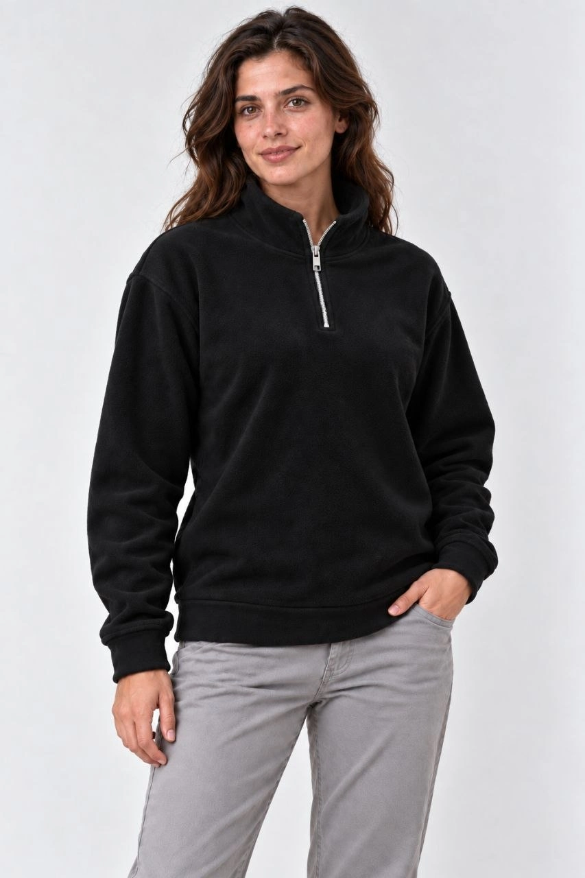 Kadın Polar Dik Yaka Yarım Fermuarlı Uzun Kollu Regular Fit Kışlık Sweatshirt - Siyah