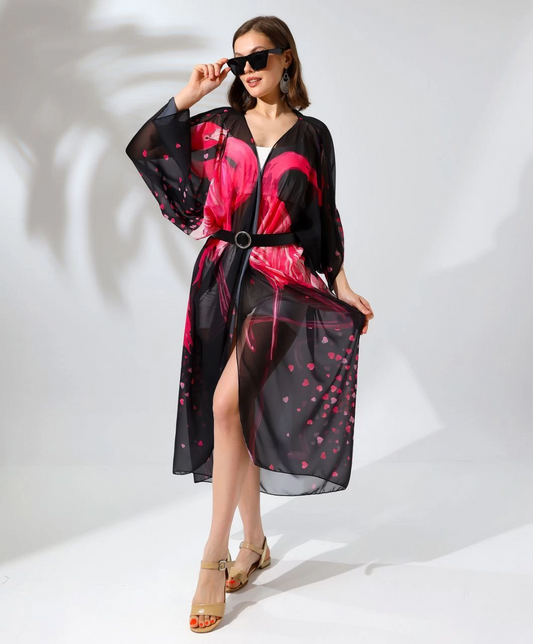 Kadın Rahat Kesim Şifon Kimono - Siyah