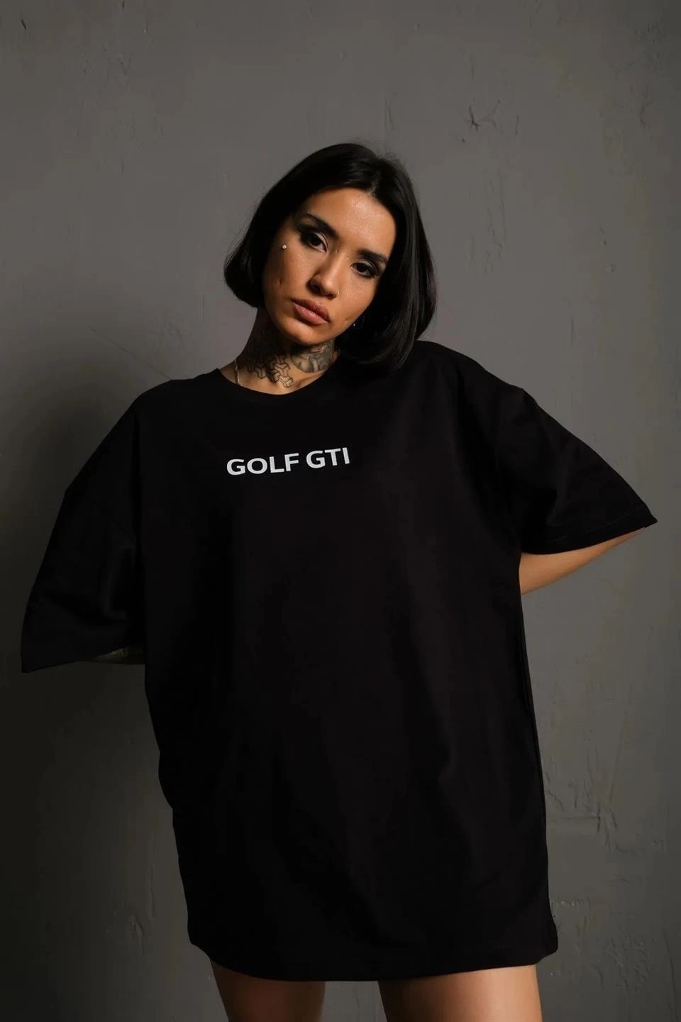 Kadın Oversize Tişört Golf GTI Retro Araba Baskılı T-shirt- Siyah