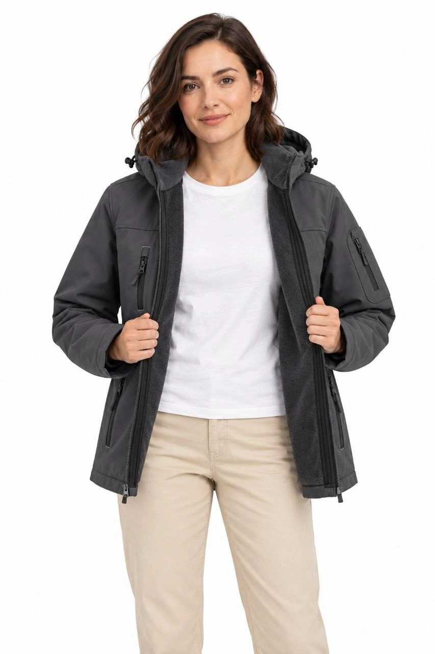 Kadın Su Geçirmez Softshell İçi Polar Astarlı Çıkarılabilir Kapüşonlu 4 Cepli Mont Ceket - Füme