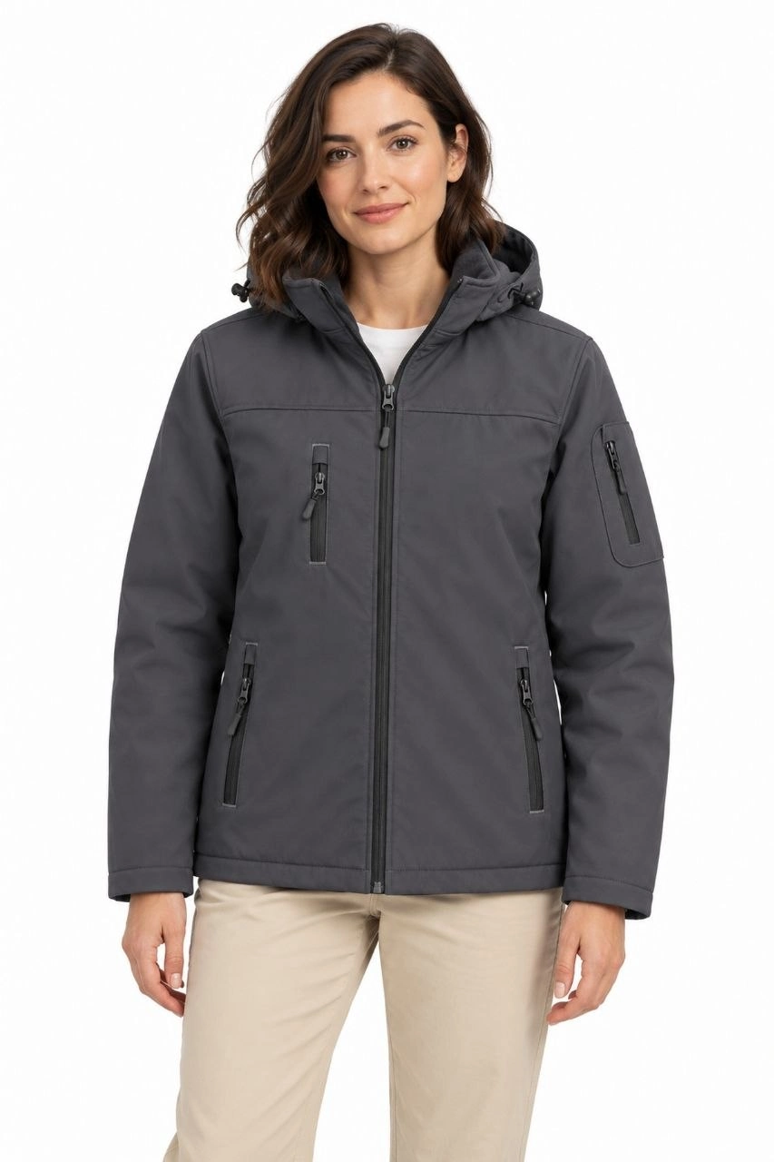Kadın Su Geçirmez Softshell İçi Polar Astarlı Çıkarılabilir Kapüşonlu 4 Cepli Mont Ceket - Füme