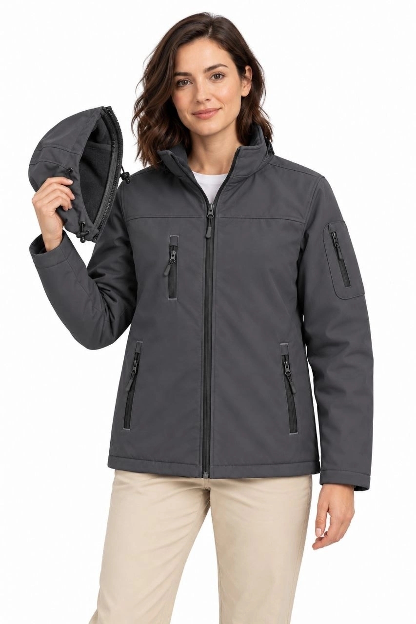 Kadın Su Geçirmez Softshell İçi Polar Astarlı Çıkarılabilir Kapüşonlu 4 Cepli Mont Ceket - Füme