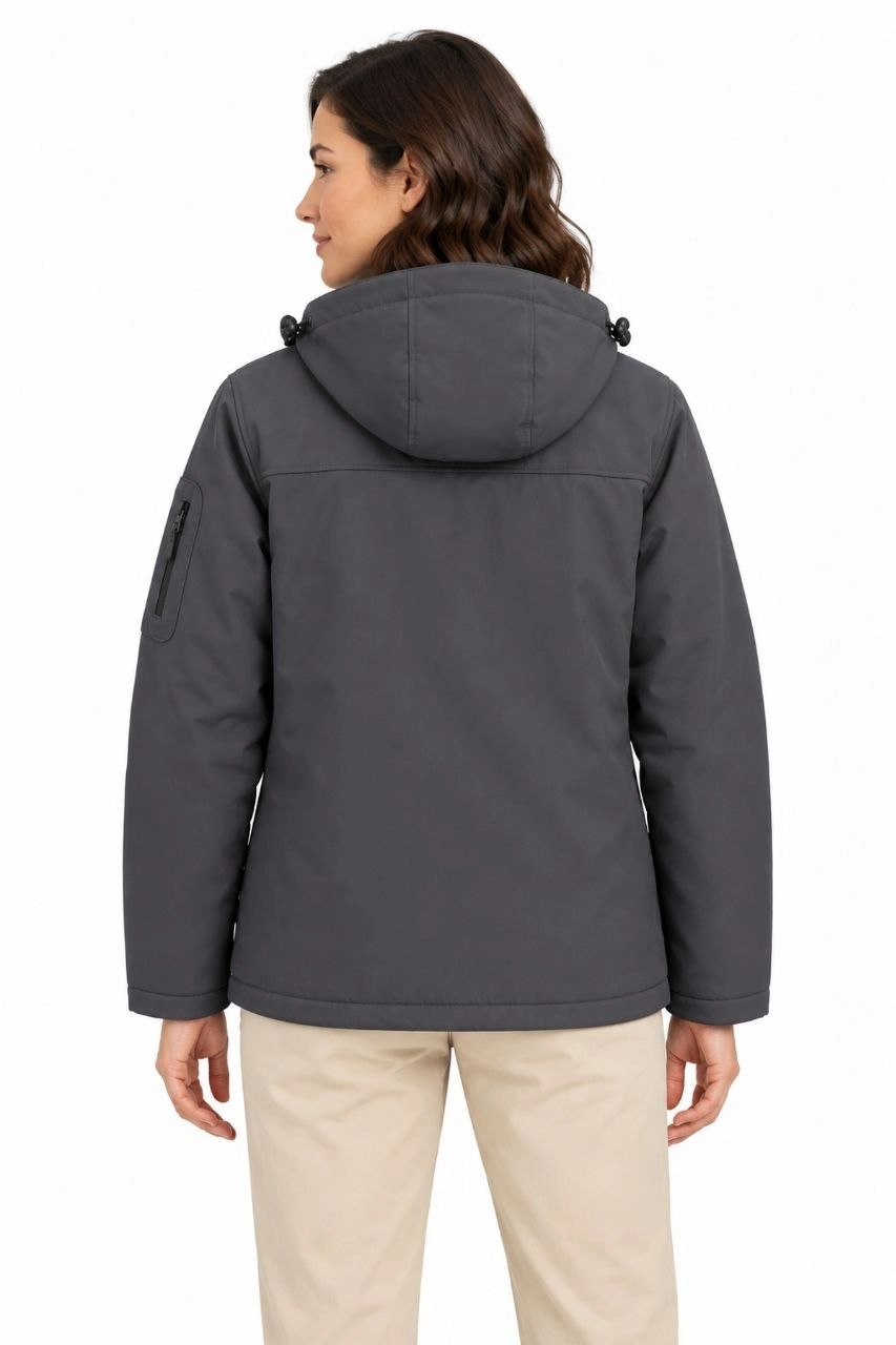 Kadın Su Geçirmez Softshell İçi Polar Astarlı Çıkarılabilir Kapüşonlu 4 Cepli Mont Ceket - Füme