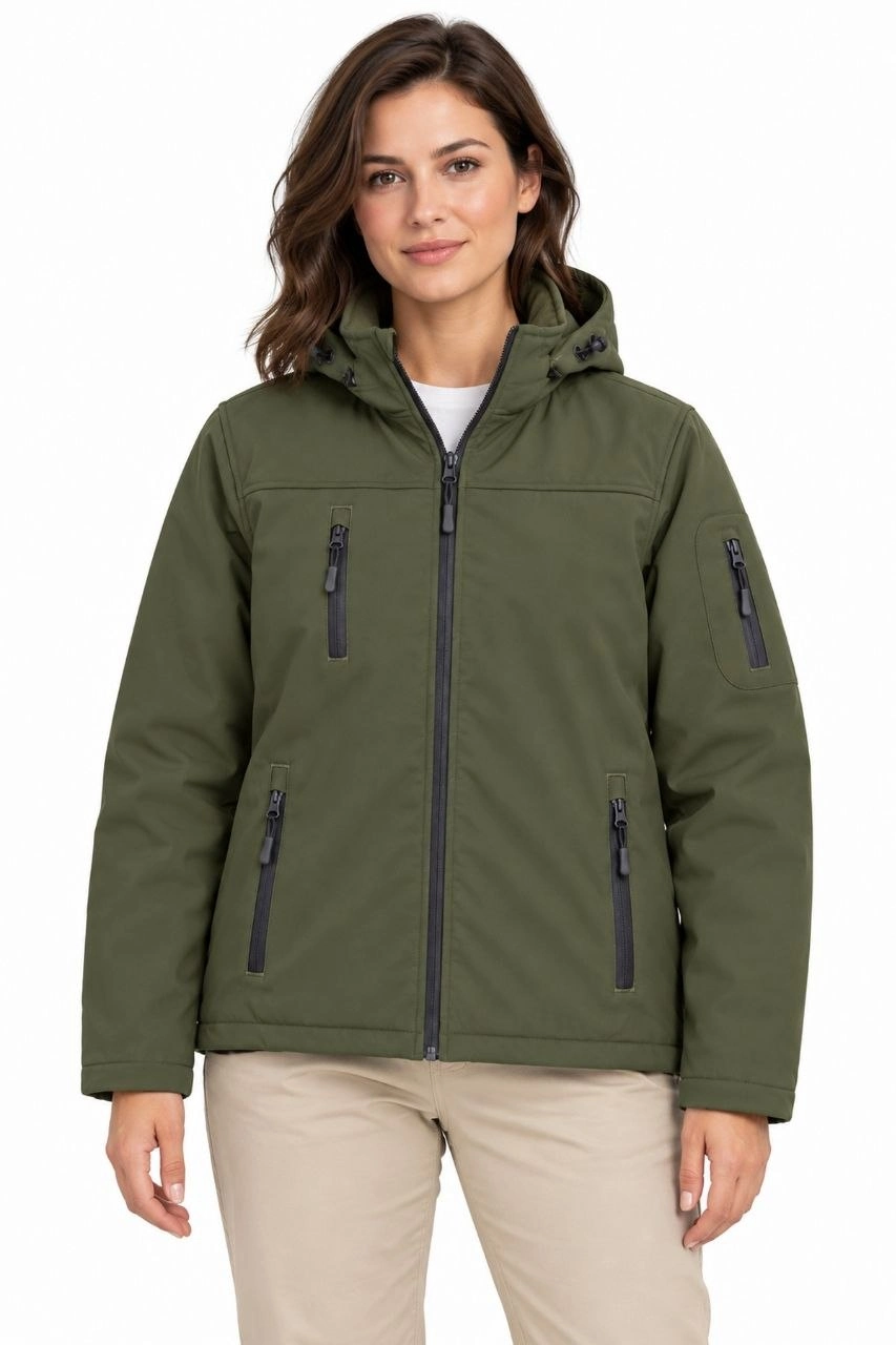 Kadın Su Geçirmez Softshell İçi Polar Astarlı Çıkarılabilir Kapüşonlu 4 Cepli Mont Ceket - Haki