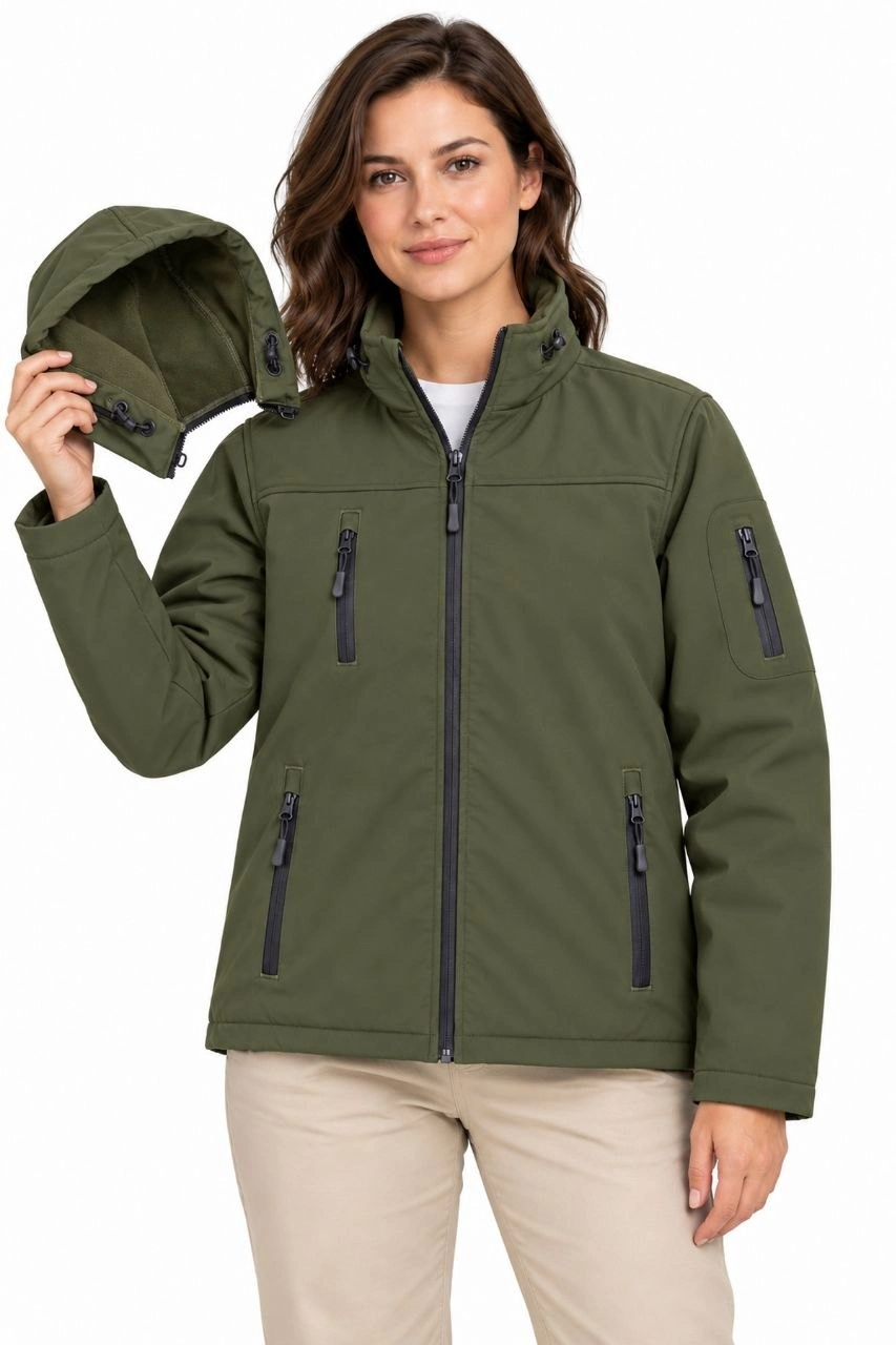 Kadın Su Geçirmez Softshell İçi Polar Astarlı Çıkarılabilir Kapüşonlu 4 Cepli Mont Ceket - Haki