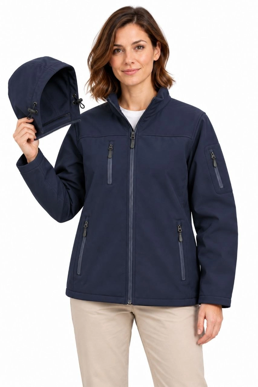 Kadın Su Geçirmez Softshell İçi Polar Astarlı Çıkarılabilir Kapüşonlu 4 Cepli Mont Ceket - Lacivert
