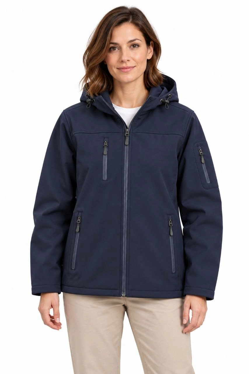 Kadın Su Geçirmez Softshell İçi Polar Astarlı Çıkarılabilir Kapüşonlu 4 Cepli Mont Ceket - Lacivert