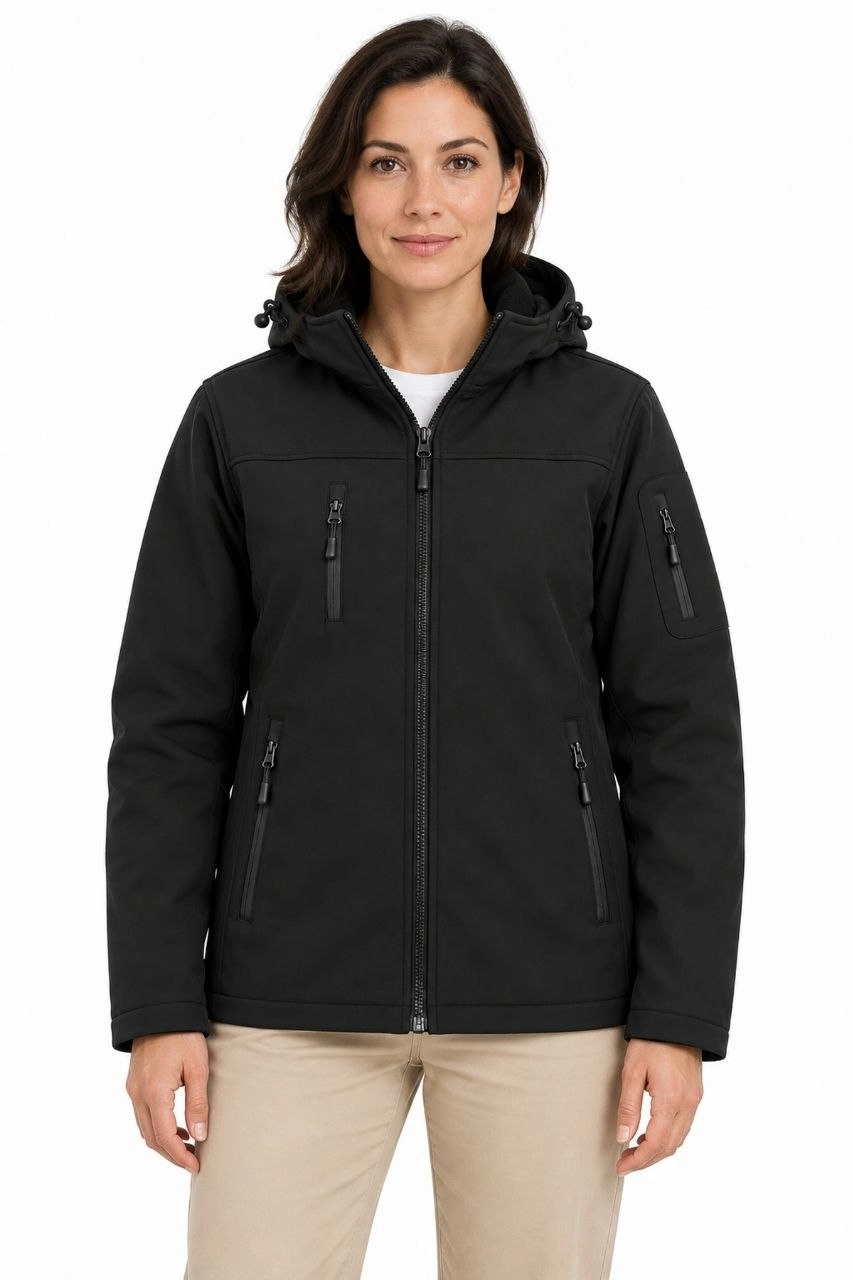Kadın Su Geçirmez Softshell İçi Polar Astarlı Çıkarılabilir Kapüşonlu 4 Cepli Mont Ceket - Siyah
