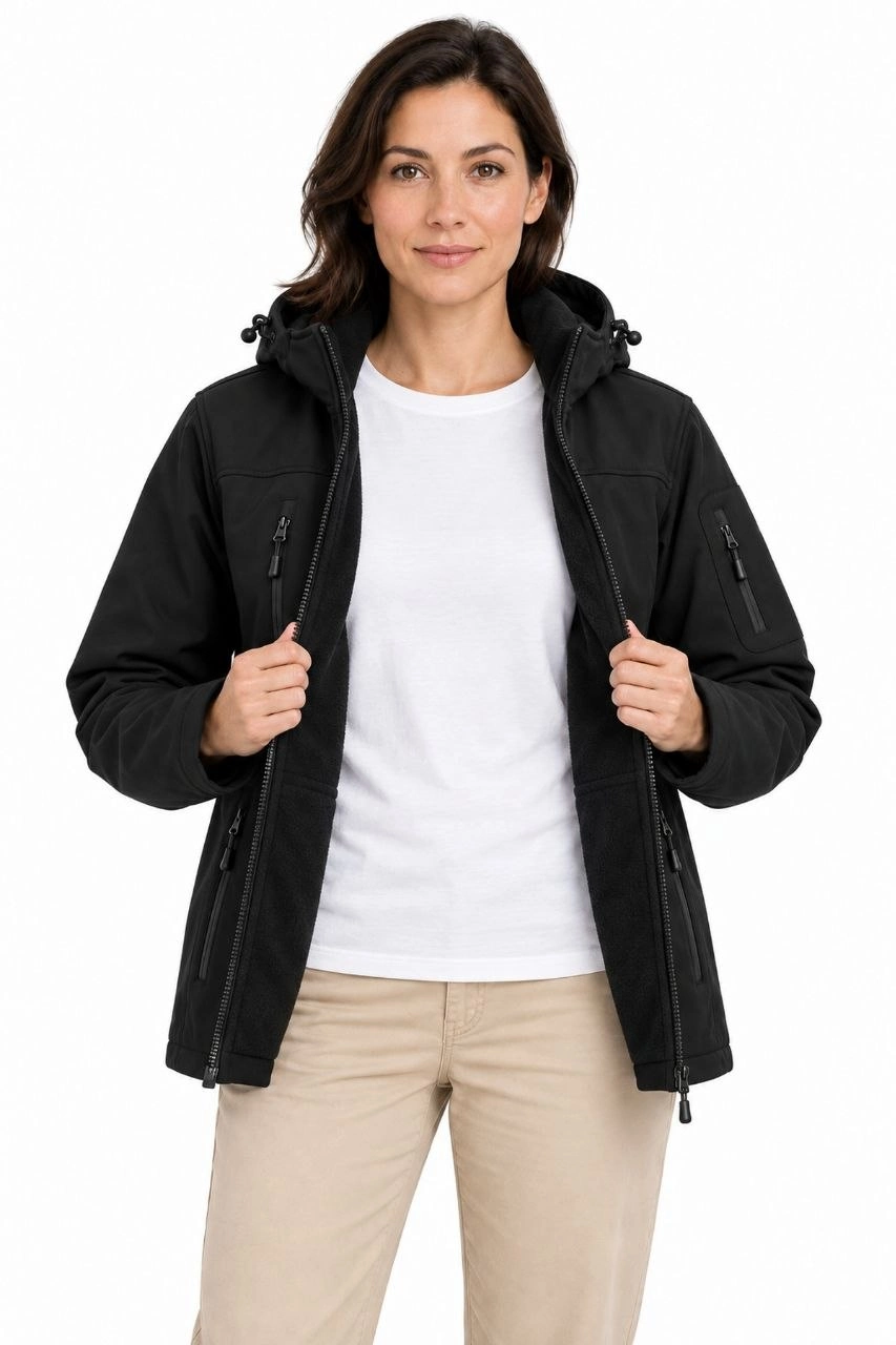 Kadın Su Geçirmez Softshell İçi Polar Astarlı Çıkarılabilir Kapüşonlu 4 Cepli Mont Ceket - Siyah