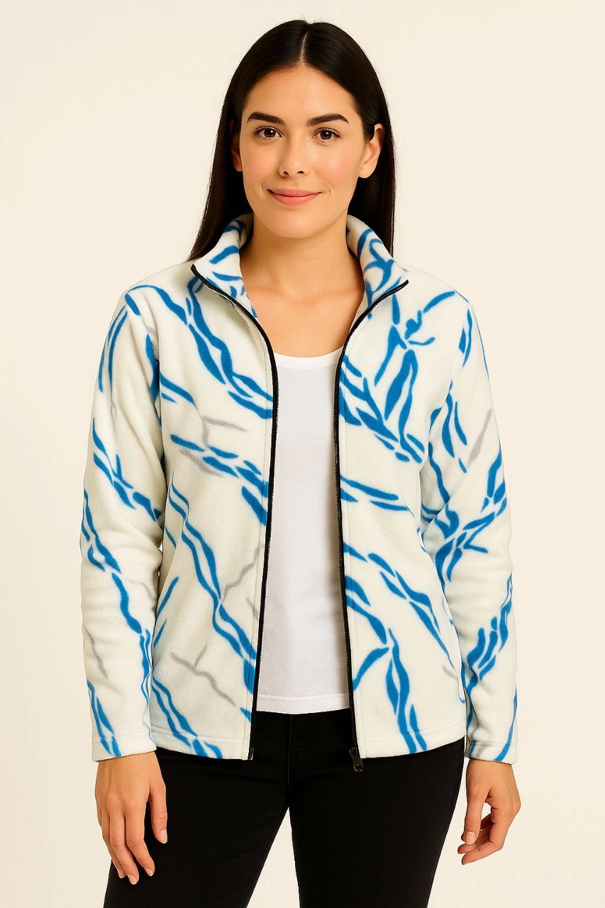 Kadın Tam Fermuarlı Desenli Polar Sweat Lightning Desen Yakalı Uzun Kollu Oversize - Beyaz