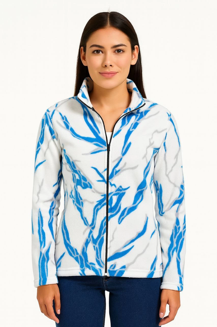 Kadın Tam Fermuarlı Desenli Polar Sweat Lightning Desen Yakalı Uzun Kollu Oversize - Beyaz