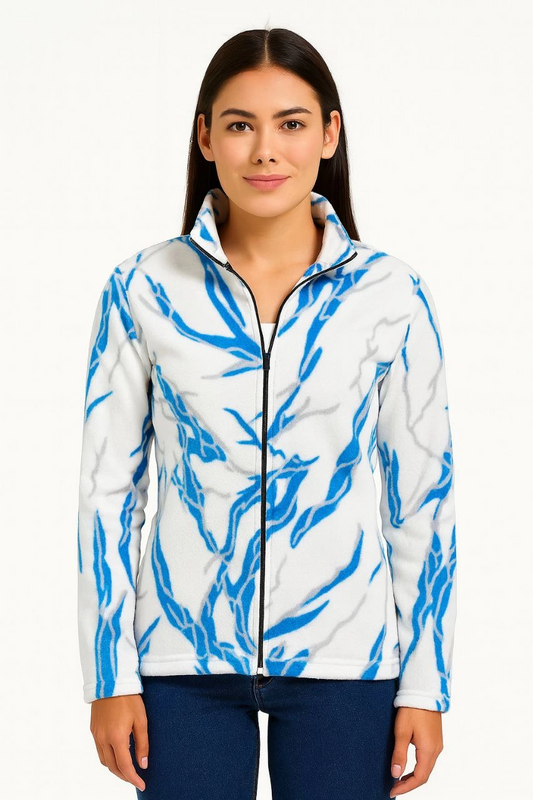 Kadın Tam Fermuarlı Desenli Polar Sweat Lightning Desen Yakalı Uzun Kollu Oversize - Beyaz