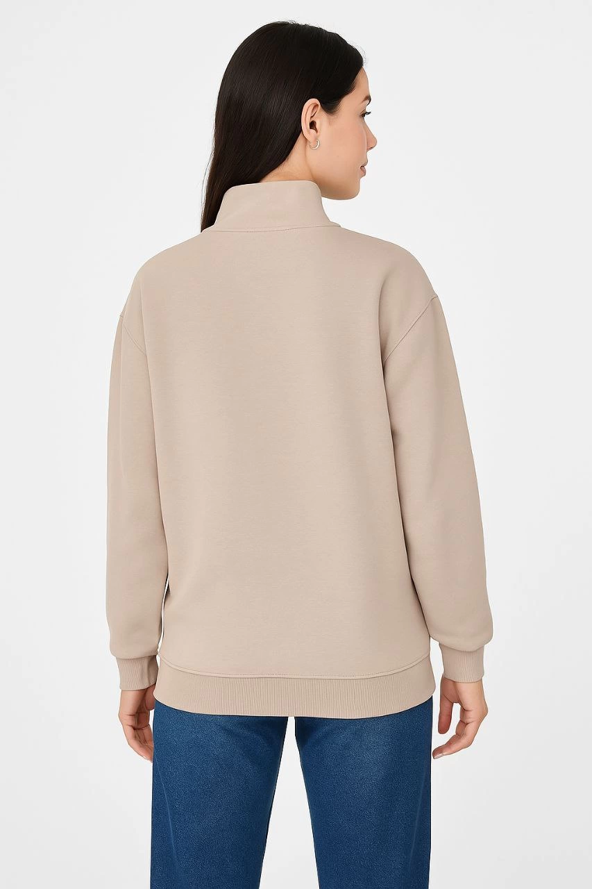Kadın 3 İplik Dık Yaka Yarım Fermuarlı SweatShirt - Bej