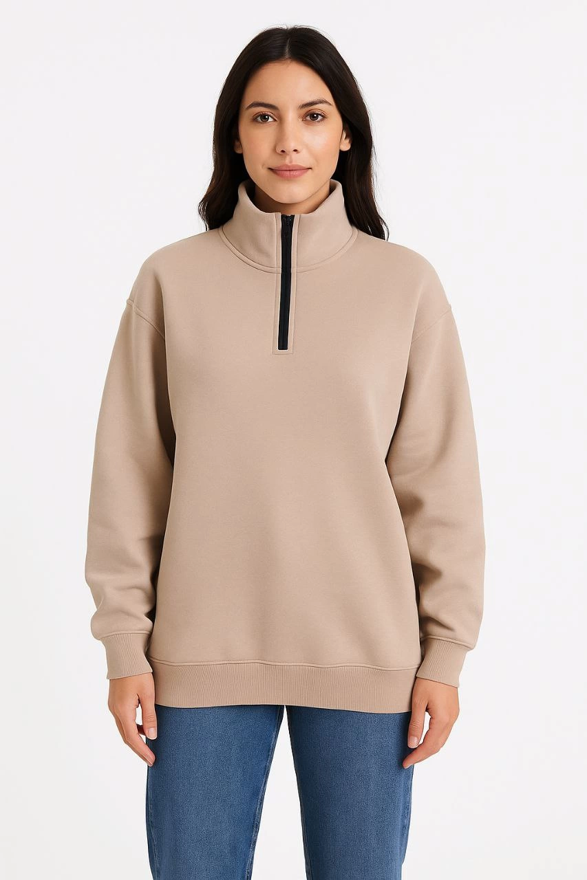 Kadın 3 İplik Dık Yaka Yarım Fermuarlı SweatShirt - Bej