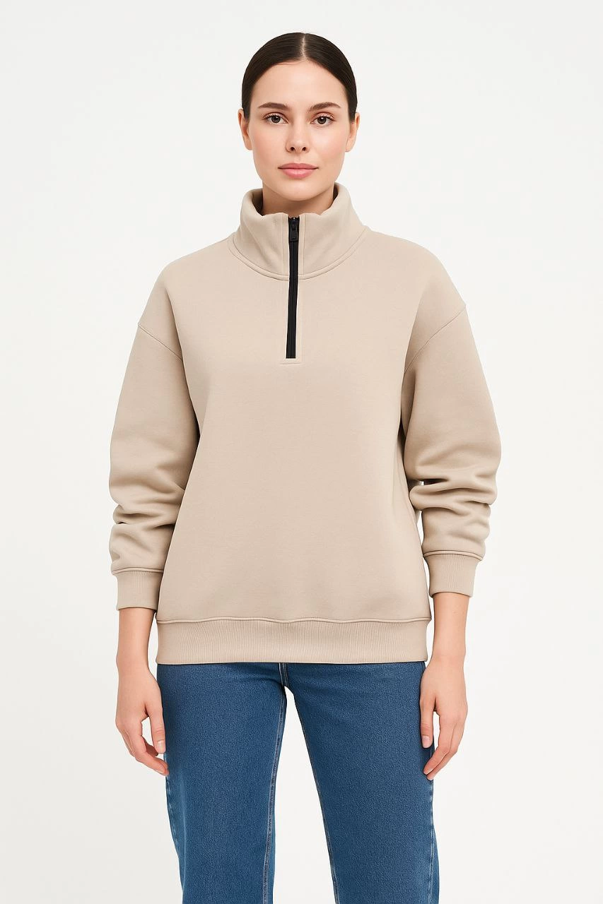 Kadın 3 İplik Dık Yaka Yarım Fermuarlı SweatShirt - Bej