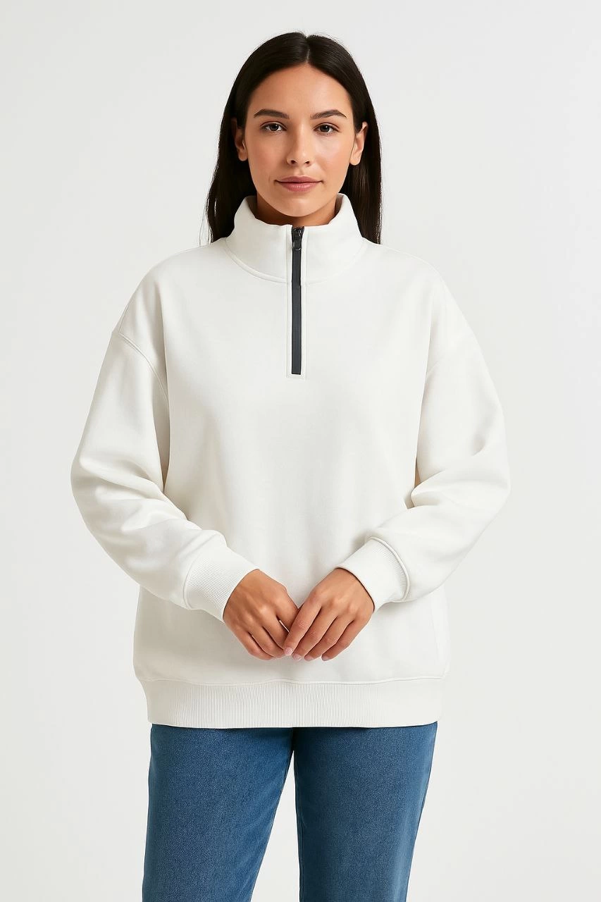 Kadın Üç İplik Dık Yaka Yarım Fermuarlı SweatShirt - Beyaz