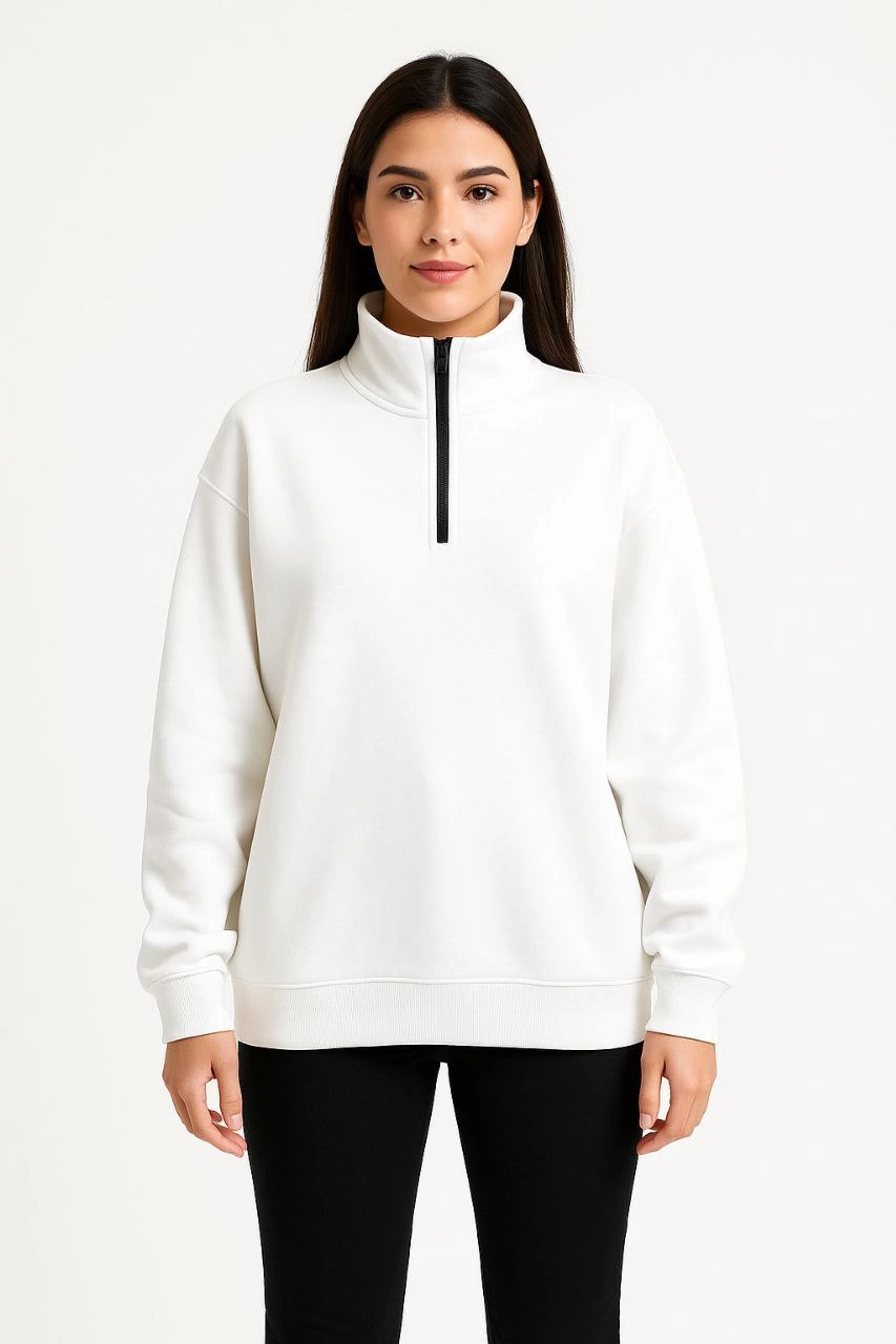 Kadın Üç İplik Dık Yaka Yarım Fermuarlı SweatShirt - Beyaz