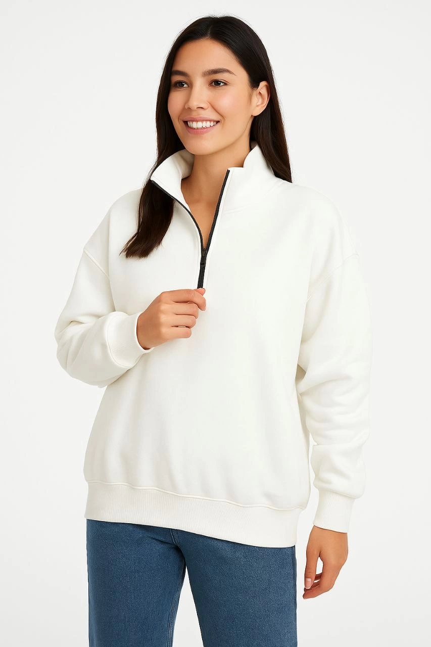 Kadın Üç İplik Dık Yaka Yarım Fermuarlı SweatShirt - Beyaz